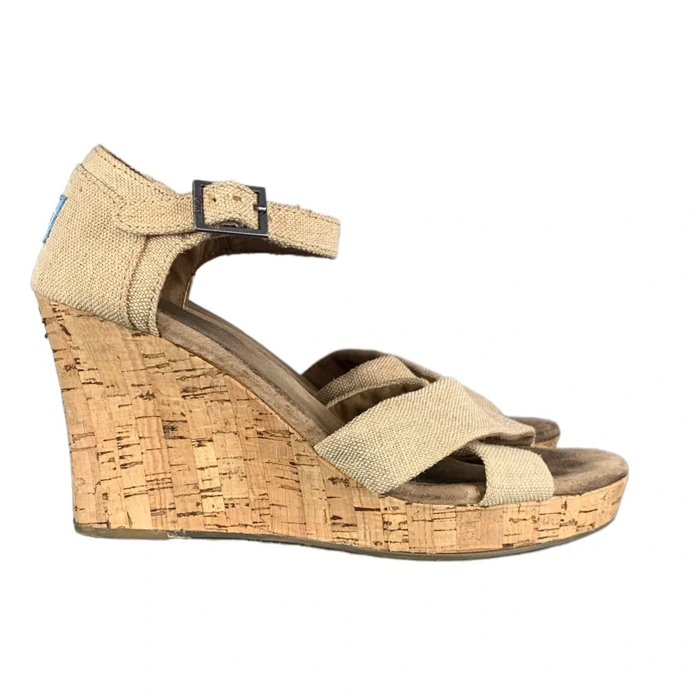 TOMS. Sienna Burlap Cork Wedge Platform Sandals - Size 9